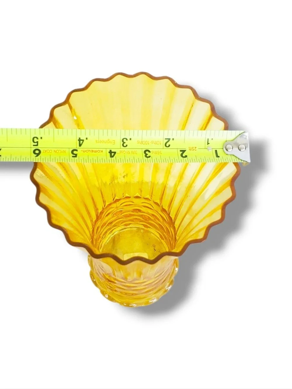 Vintage Amber Glass Fluted Vase Scalloped Rim Mid-Century Style 12” Tall Texture